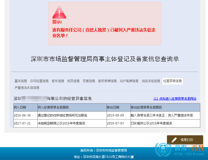 公司已被列入严重违法失信企业名单